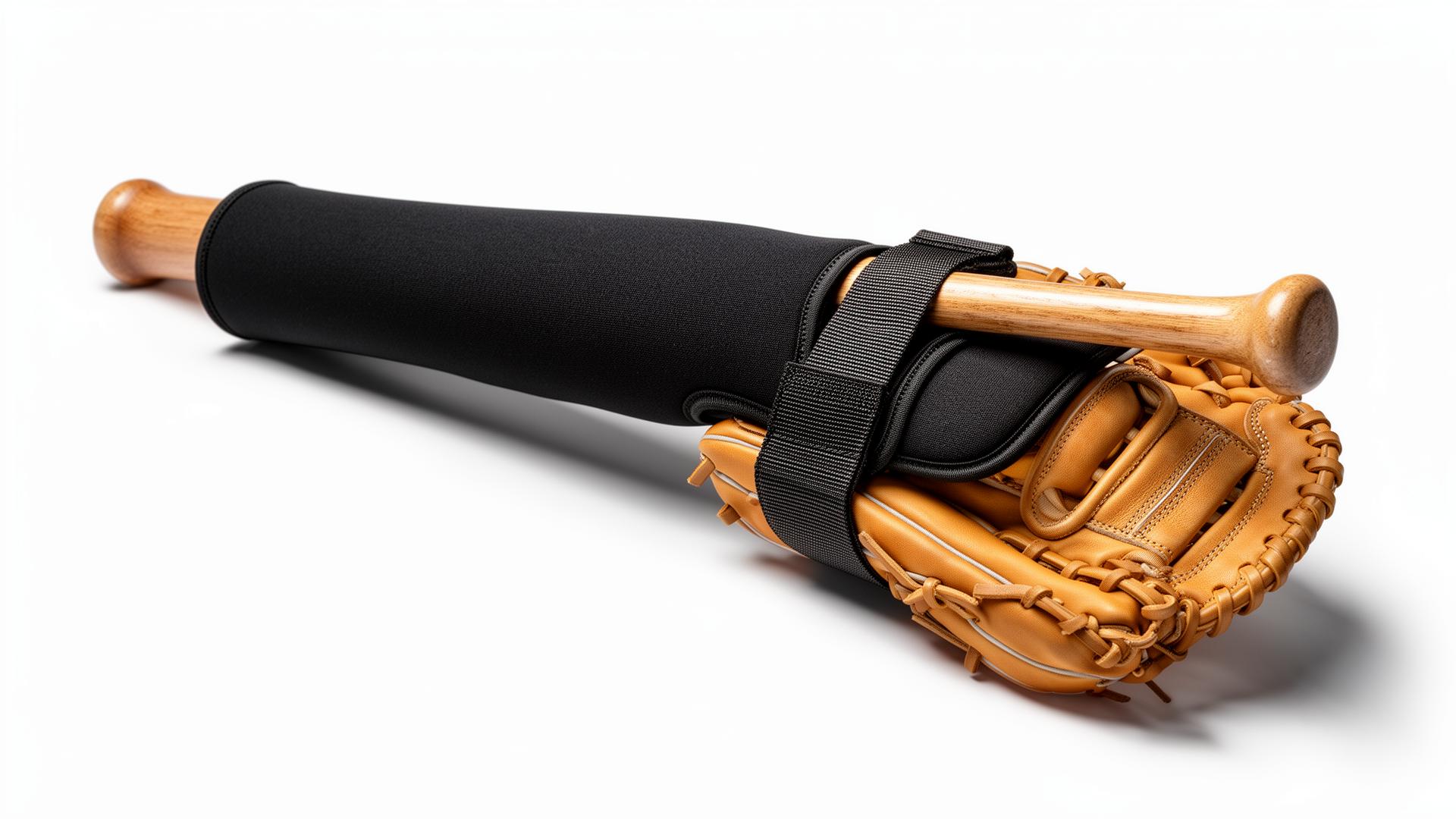 BatCaddy bat sleeve carrying a wooden bat and a leather baseball glove
